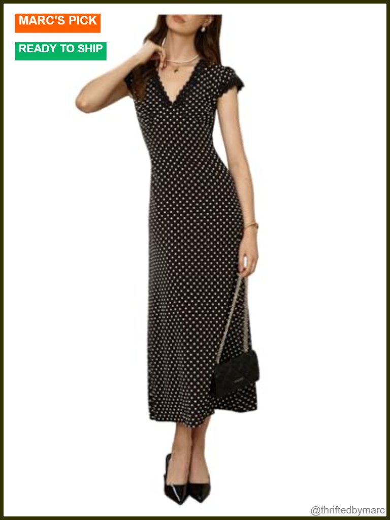 Polka Dots Cap Sleeve Maxi Dress Lace Trim V Neck A Line